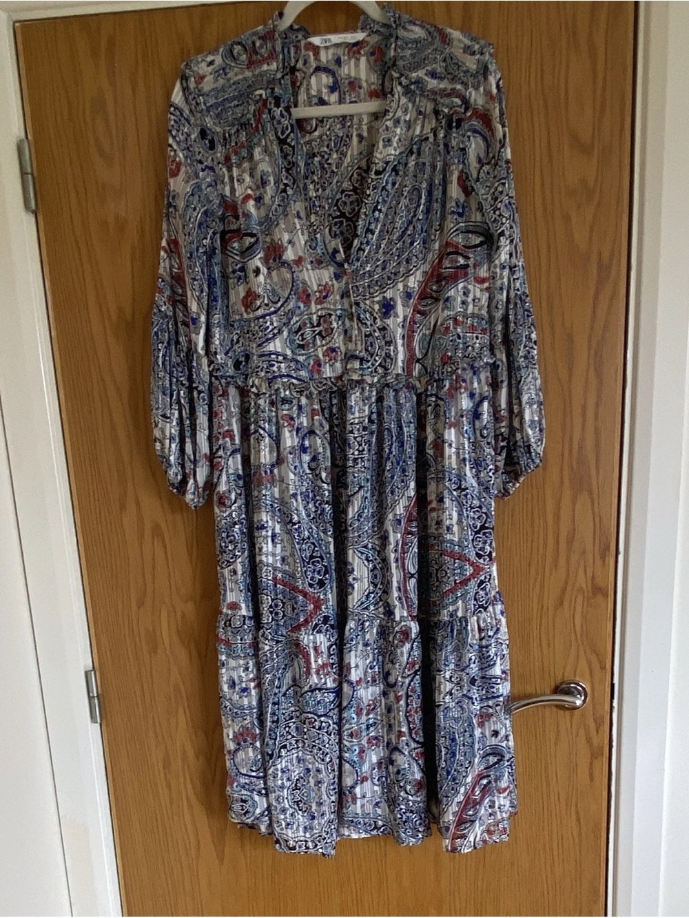 Zara White, Blue & Red Paisley Midi Dress